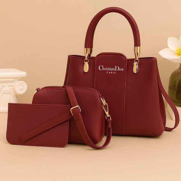 Maroon Leather Handbag Set for Women with Gold Hardware (TS-41)