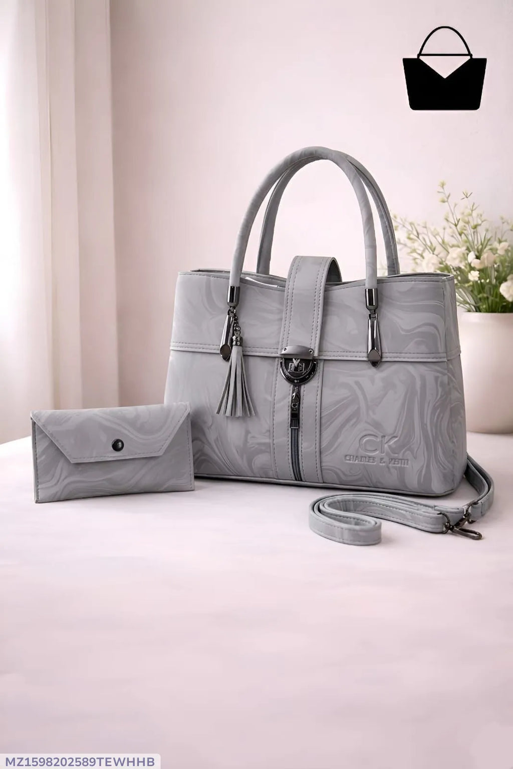 Grey Leather 2-Piece Women's Handbag Set (TS-42)