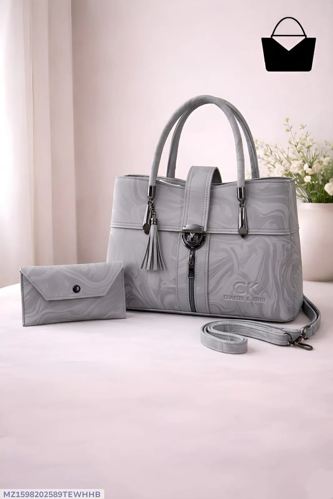 Grey Leather 2-Piece Women's Handbag Set (TS-42)