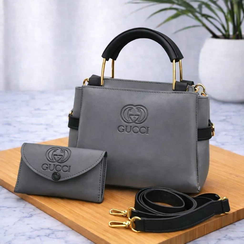 Women's Grey Leather Handbag Set with Top Handle (TS-06)