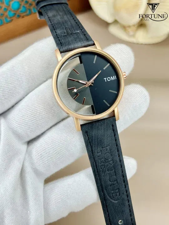 Men's Black Leather Round Dial Watch 20mm (TS-21)