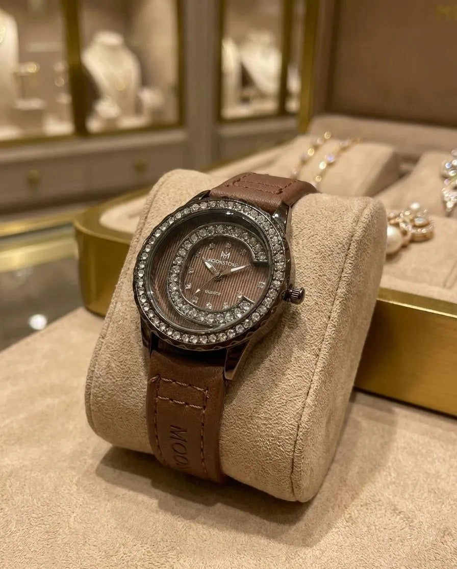 Women's Brown Leather Watch with Crystal Accents (TS-27)
