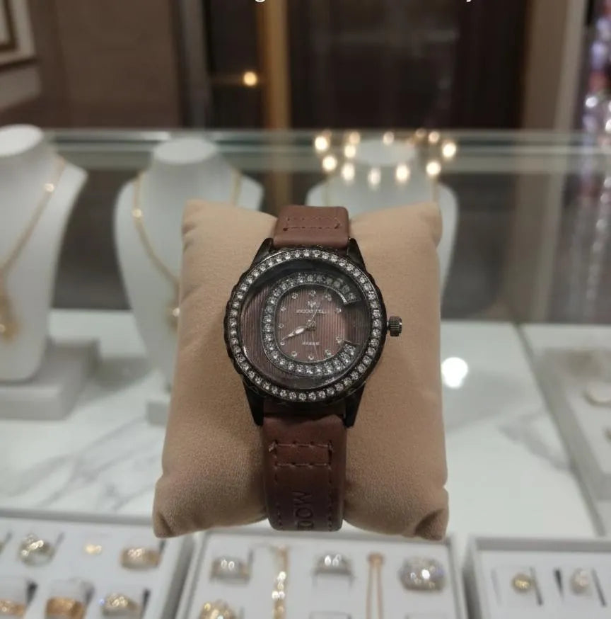 Women's Brown Leather Watch with Crystal Accents (TS-27)