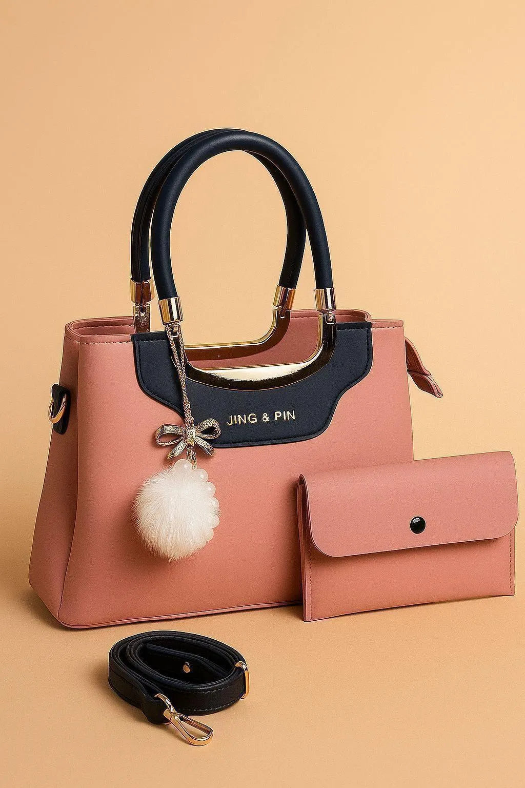 Pink Synthetic Leather Handbag with Belt & Keychain for Girls (TS-04)