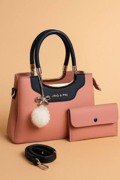 Pink Synthetic Leather Handbag with Belt &amp; Keychain for Girls (TS-04)