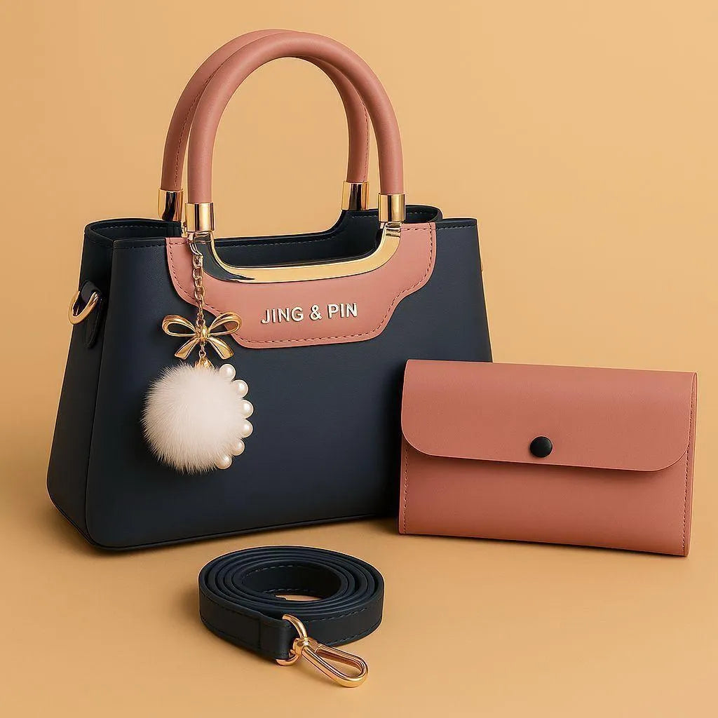 Pink Synthetic Leather Handbag with Belt & Keychain for Girls (TS-04)