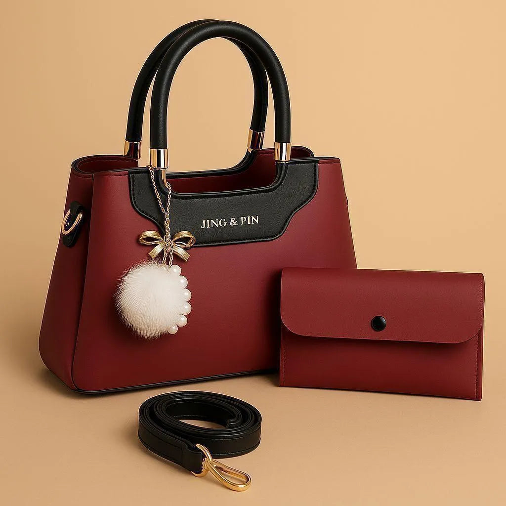 Pink Synthetic Leather Handbag with Belt & Keychain for Girls (TS-04)