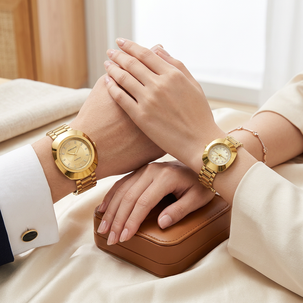 Gold Couple Watches Set Rose Gold Chain Strap 2 Pcs (TS-34)